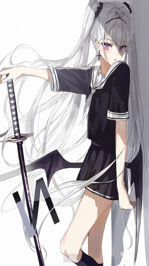 Anime girl with long white hair and katana