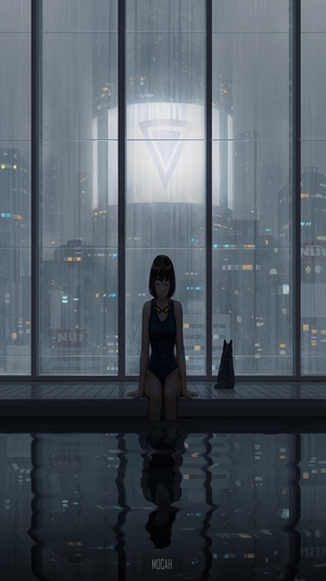 Anime girl and cat by a pool with city view