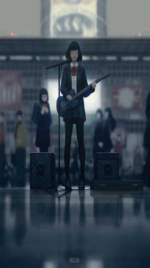 Anime girl playing guitar on stage with speakers