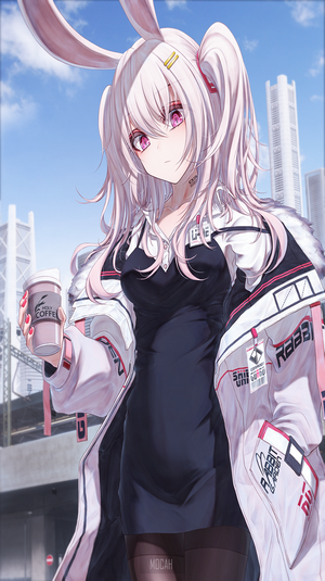 Anime Girl with Bunny Ears and Coffee