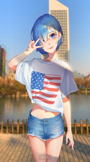 Rem from Re:Zero wearing American flag t-shirt and denim shorts
