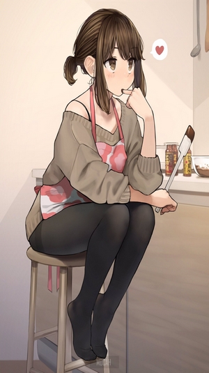 Anime girl in apron sitting on stool with chocolate