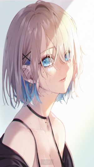 Anime girl with blue eyes and short blonde hair