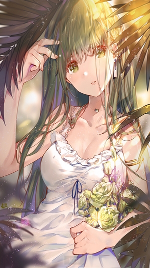 Anime girl in white dress holding flowers
