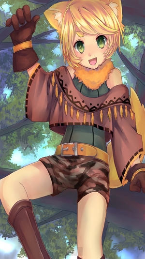 Fox girl climbing a tree in a forest