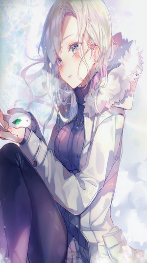 Anime girl in winter coat holding a small creature