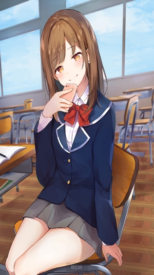 Anime girl in school uniform taking a selfie