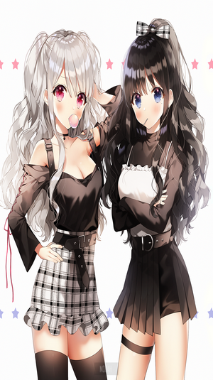 Two anime girls in black outfits with plaid skirt and shorts
