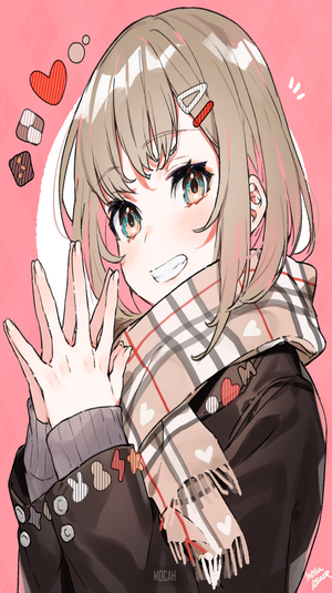 Smiling Anime Girl with Heart Motif Scarf