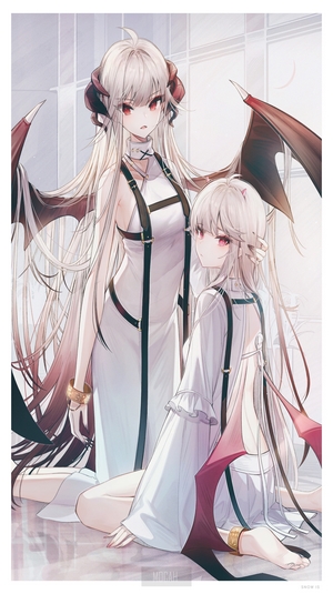 Two anime girls with wings and horns