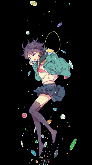 Anime girl with headphones and smartphone surrounded by discs