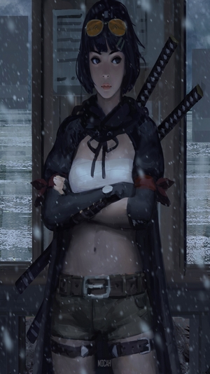 Anime girl with swords in the snow