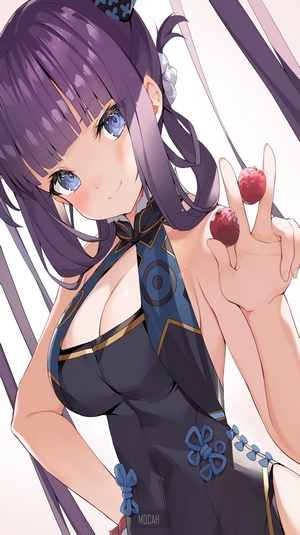 Anime Anime Girl Big Boobs Boobs Blue Eyes Purple Hair Berries Fruit 2121x3000 Hd Phone