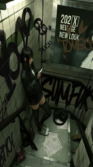 Anime girl with smartphone in graffiti-covered subway stairs
