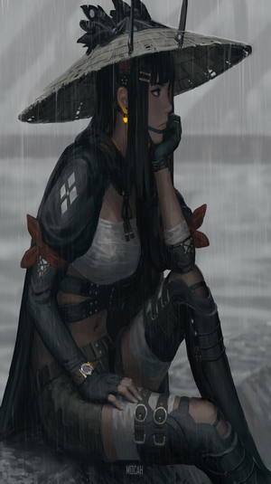 samurai, fantasy painting, black hair, blood, fantasy girl