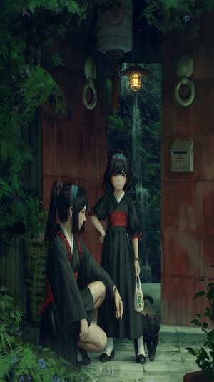Two anime girls in kimonos with a black cat