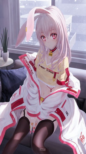 Anime girl with bunny ears in a room