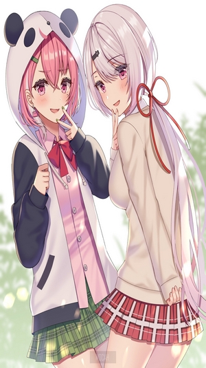 Two anime girls in school uniforms and panda hoodie