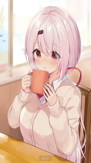 Anime girl drinking from a mug