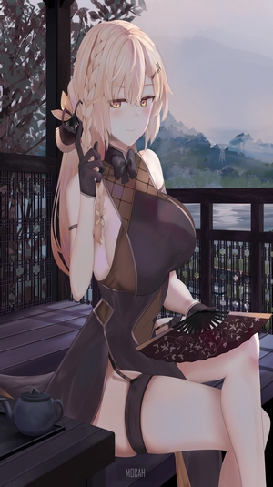 Anime girl in a traditional dress holding a fan