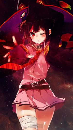 Megumin from KonoSuba in a pink outfit against a starry background