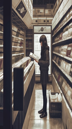 Girl reading a book in a store