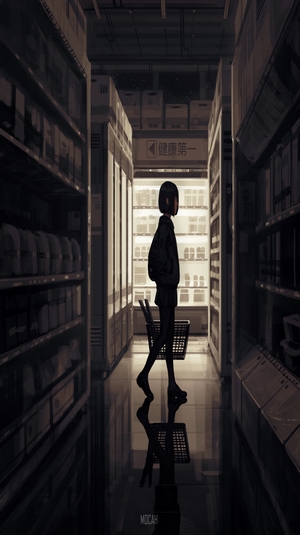 Anime Schoolgirl Walking in Dark Store Aisle
