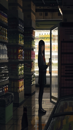 Anime girl in school uniform in a dark convenience store with a cat