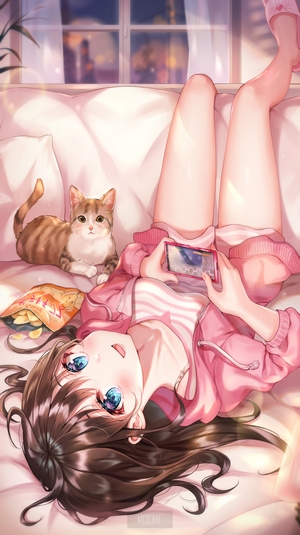 Anime girl with cat playing on phone by window