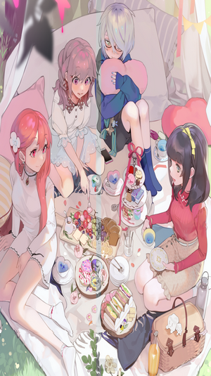 Anime characters having a picnic with sweets and fruits
