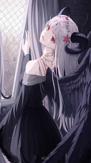 Anime girl with horns and wings by window