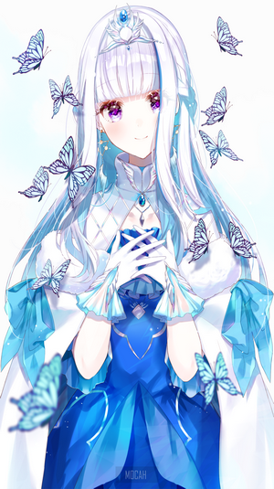 Anime girl with white hair and blue dress surrounded by butterflies