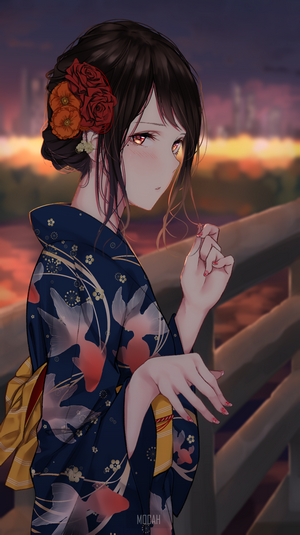 Anime girl in kimono with flowers in hair at sunset