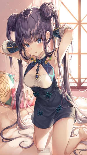Anime Girl with Purple Hair and Blue Eyes Kneeling Indoors
