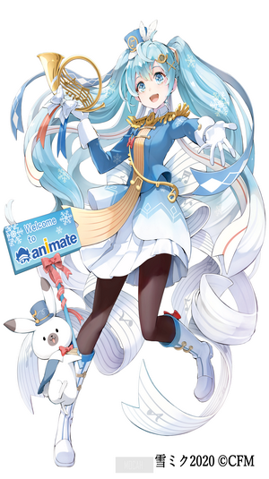 Snow Miku from Vocaloid with Animate sign and bunny