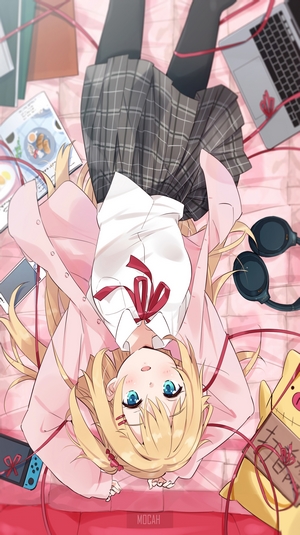 Anime girl with headphones and laptop