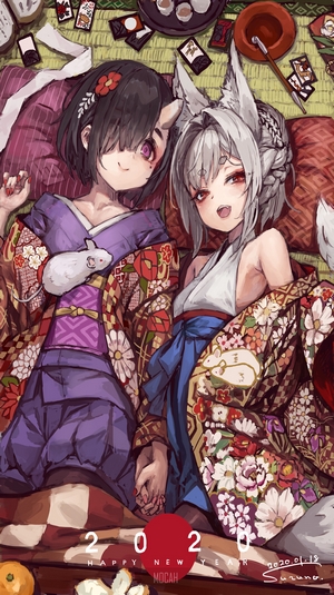 Anime girls in kimonos holding hands for New Year