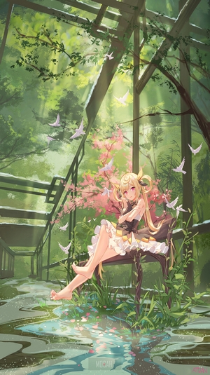 Anime girl sitting on a bench in a garden with birds