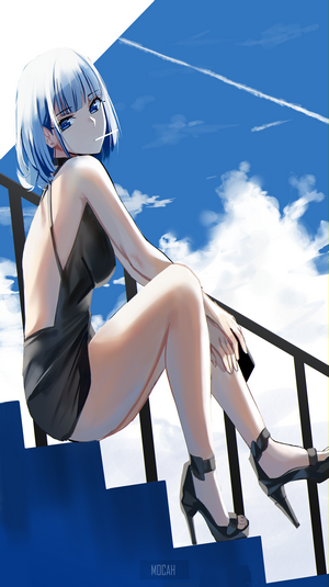 Anime girl with blue hair and eyes sitting on stairs