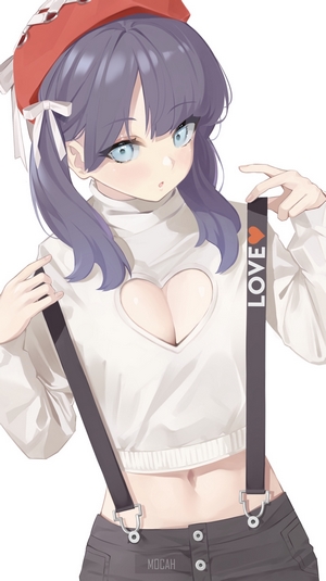 Anime girl with purple hair and red hat