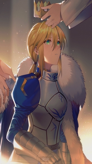 Saber from Fate/Grand Order receiving a crown