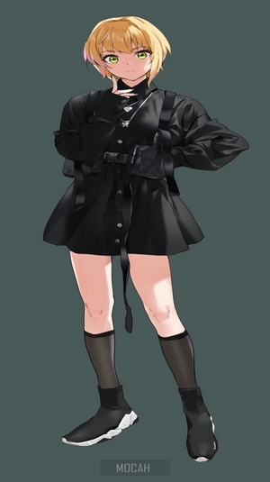 Anime girl with blonde hair and green eyes in black outfit
