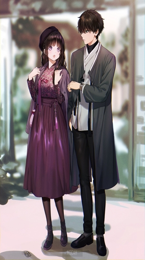 Anime couple in traditional Korean clothing