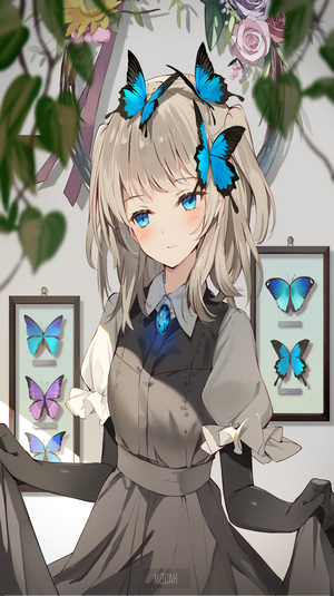 Anime girl with blue eyes and butterflies