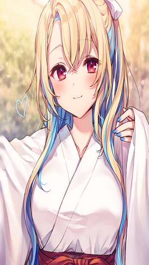 Anime girl in white kimono with blue streaks in hair