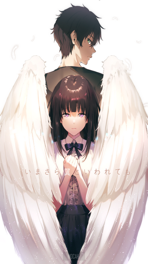 Hyouka fan art featuring Oreki Houtarou and Chitanda Eru with angel wings