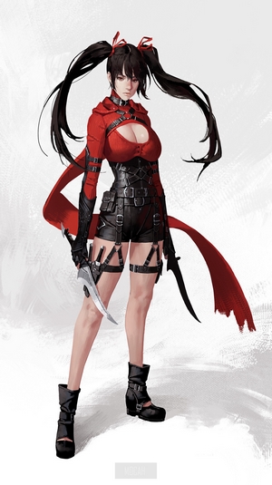 Anime girl with black pigtails and red outfit holding knives