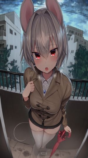 Anime girl with mouse ears holding an umbrella in the rain