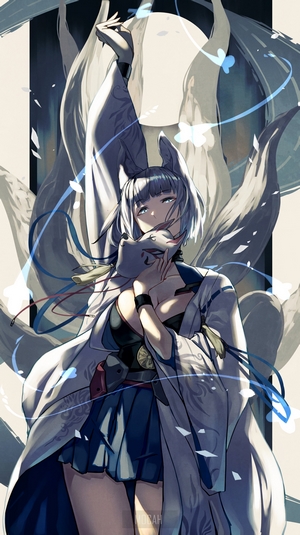 Kaga from Azur Lane with fox ears and tails