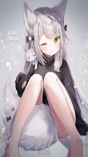 Anime girl with fox ears and tail holding a fox plushie